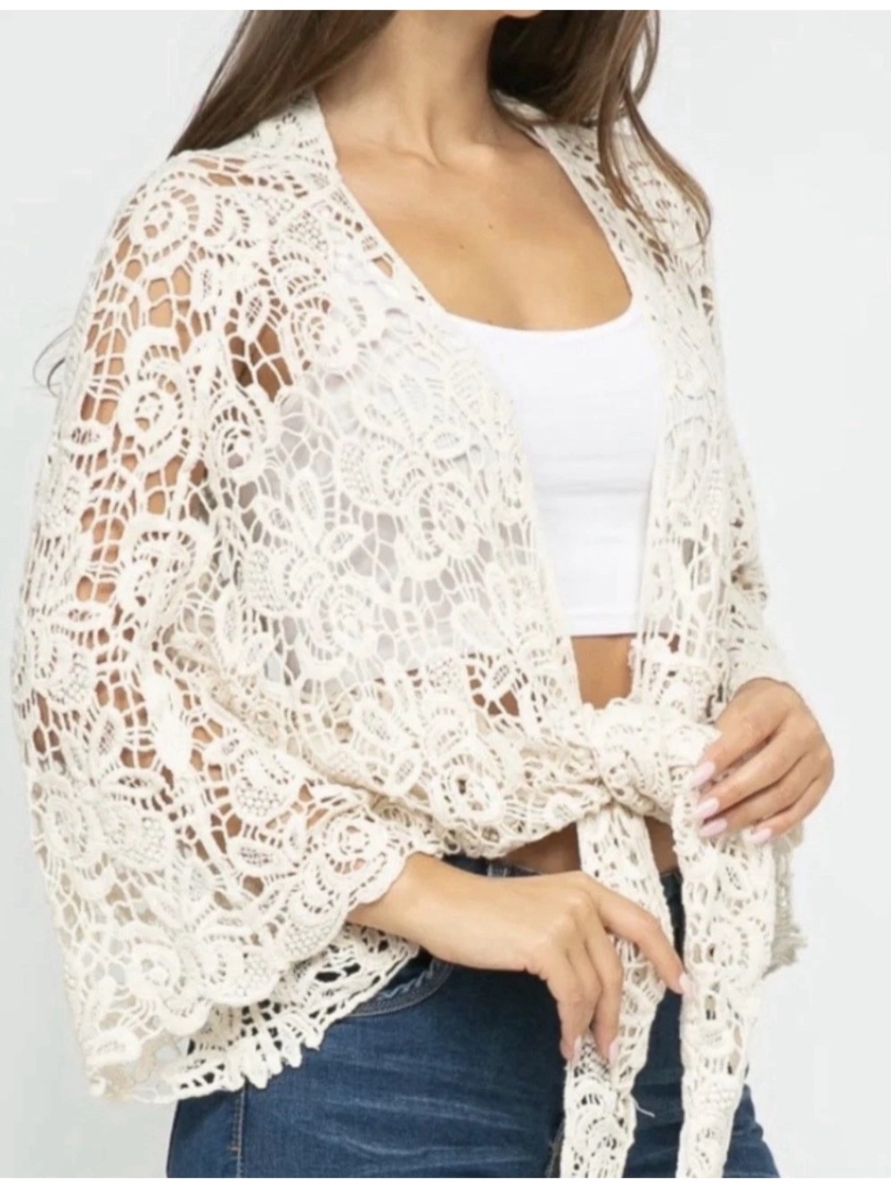 Raj Crochet Tie-Front Short Kimono Ivory/Natural One Size Fits Most